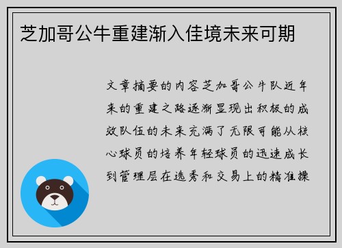 芝加哥公牛重建渐入佳境未来可期