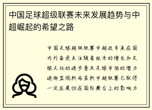 中国足球超级联赛未来发展趋势与中超崛起的希望之路