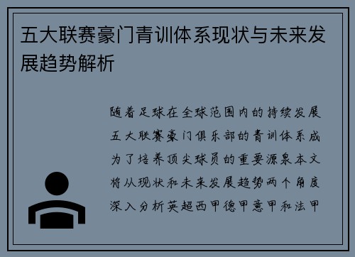 五大联赛豪门青训体系现状与未来发展趋势解析